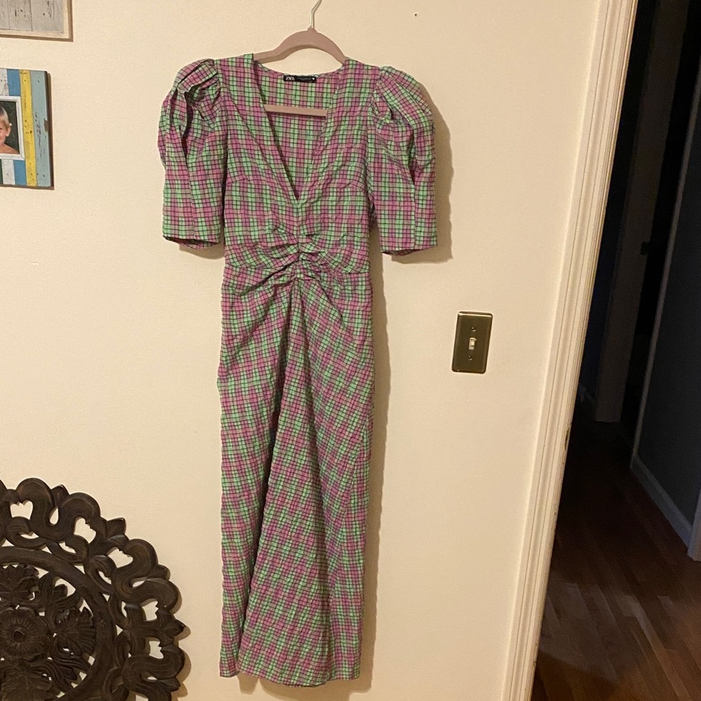 Zara Pink  & Green Plaid fitted -Waist Maxi Dress